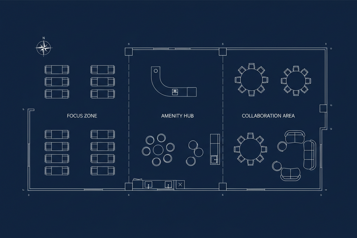 Minimalist 2D office floor plan diagram highlighting spatial zoning, furniture layouts, and workplace neighborhoods for an Ontario office space planning guide.