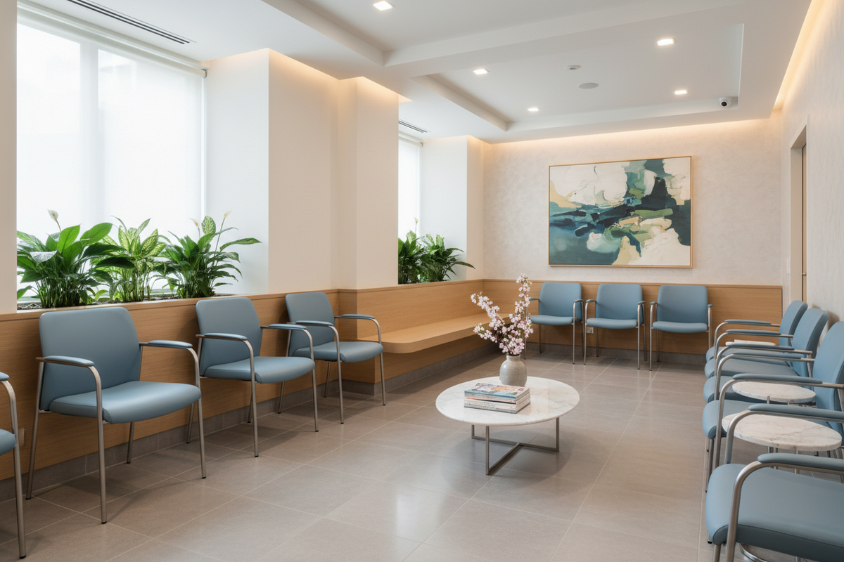 Welcoming private clinic waiting room featuring supportive, easy-care vinyl guest seating designed for patient comfort and infection control.