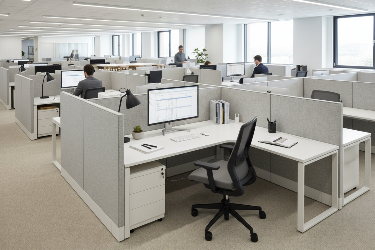 Bench-style shared workstations in an open office layout