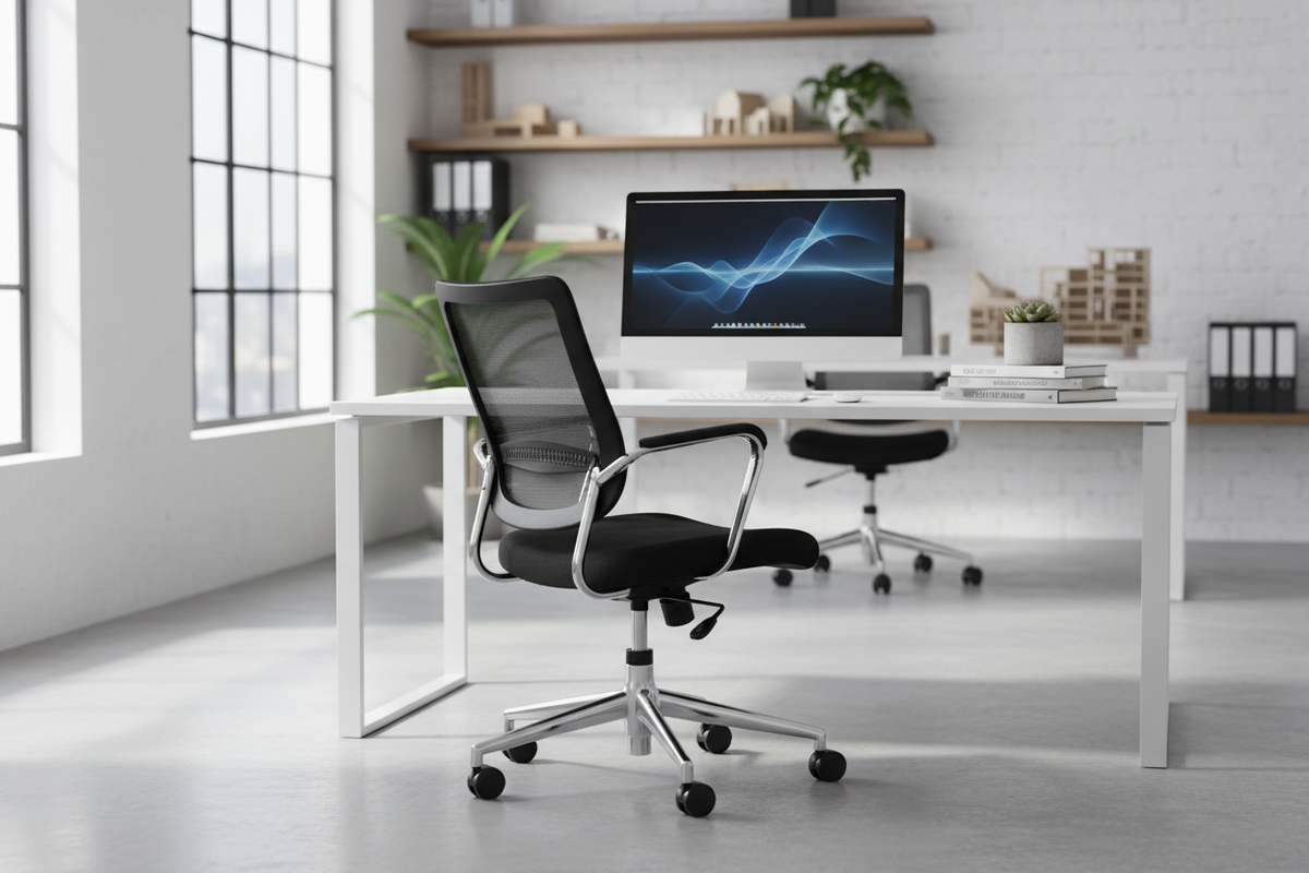 Mesh-back office chair beside an upholstered task chair
