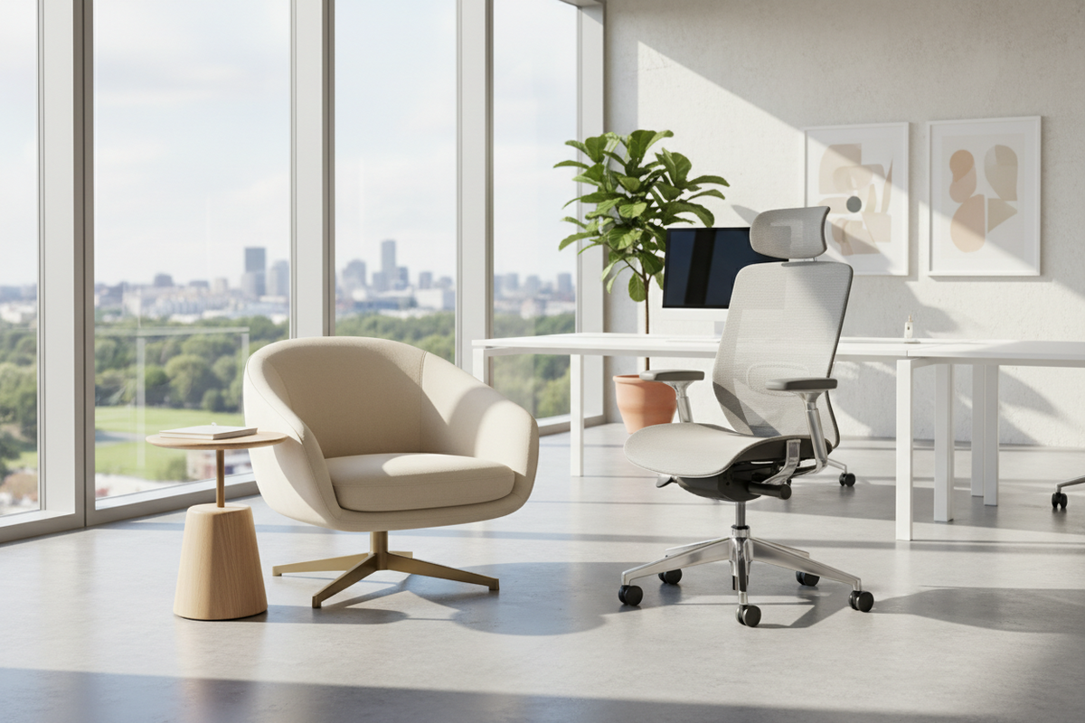 Premium designer lounge chair and ergonomic task chair in a modern Ontario office.