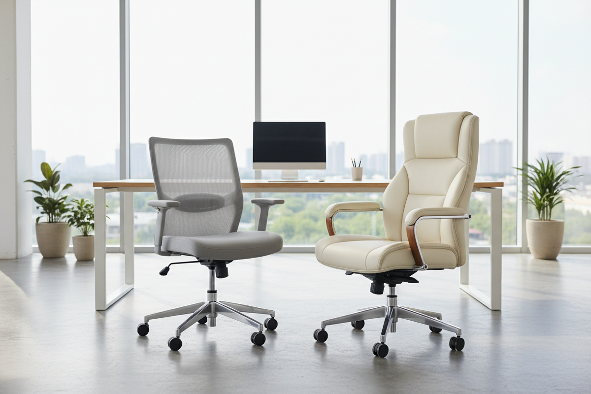 Value mesh task chair beside a premium executive chair in an Ontario office.