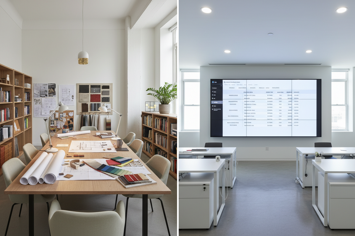 Side-by-side comparison of two Ontario office furniture dealer approaches, contrasting traditional consultative planning with a modern transparent product pricing model.