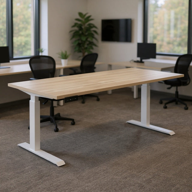 Sit-stand desk raised to standing height in a modern office