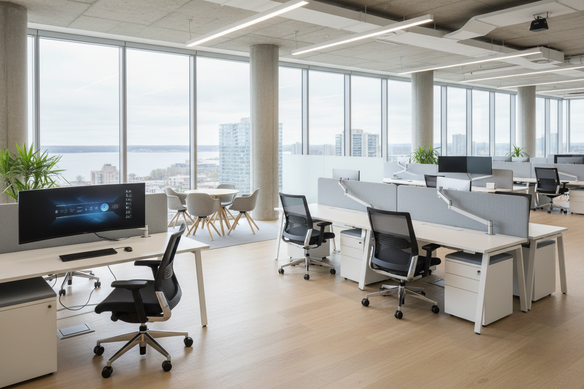 A modern, brightly lit Ontario corporate office floor featuring a variety of ergonomic commercial task chairs integrated into open-concept workstations and specialized desks.