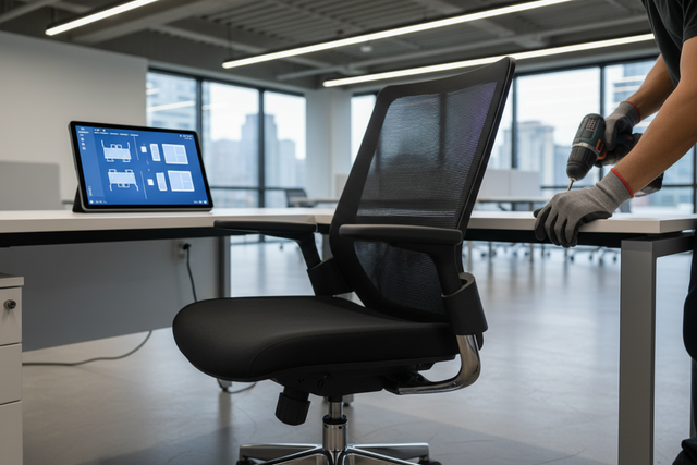 Professional installation of commercial-grade office furniture in a modern workspace, highlighting specialized setup and space-planning expertise.