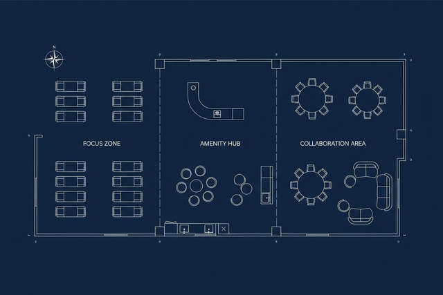 Minimalist 2D office floor plan diagram highlighting spatial zoning, furniture layouts, and workplace neighborhoods for an Ontario office space planning guide.