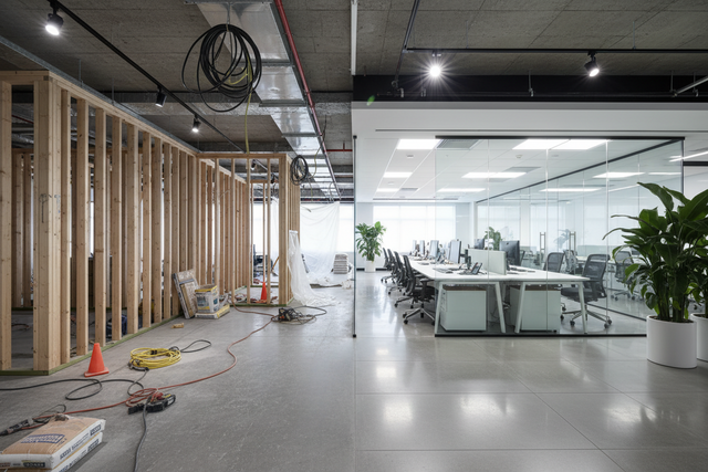 Split-screen view of an Ontario office fit-out project, showing the transition from raw construction shell to a fully furnished modern workspace.