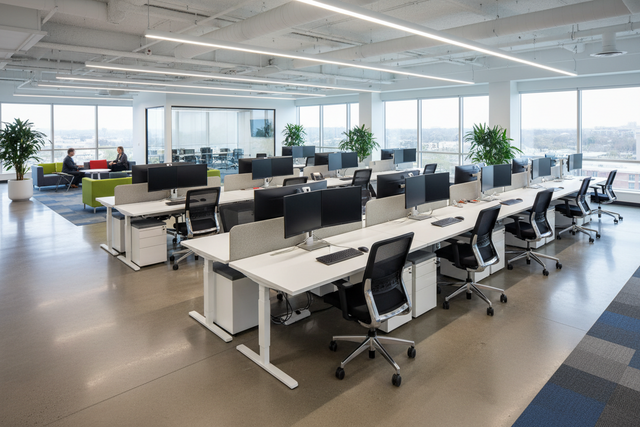 Modern open-concept office workspace in Ottawa with commercial-grade sit-stand desks and ergonomic mesh chairs designed for collaborative team environments.