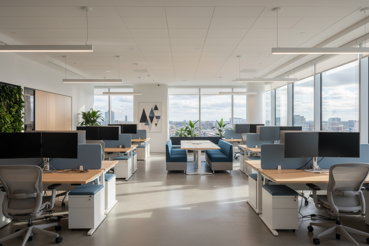 Modern open-concept Ontario office featuring commercial-grade workstations, ergonomic mesh task chairs, and modular collaborative layout configurations.