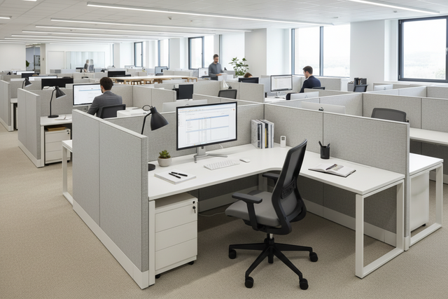 Bench-style shared workstations in an open office layout