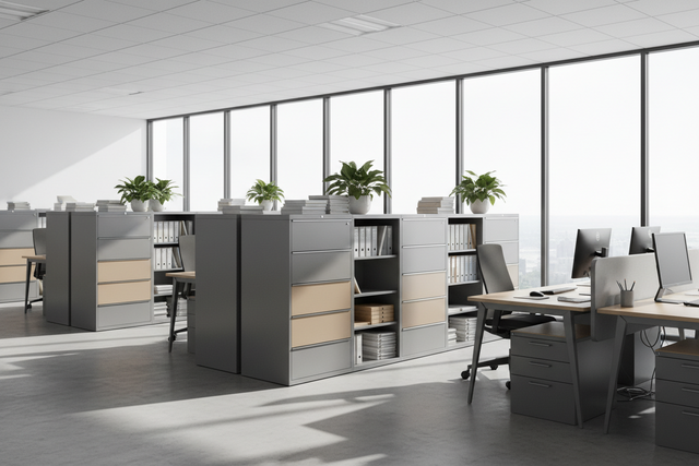 Lateral filing cabinets, open shelving and mobile pedestals in an office