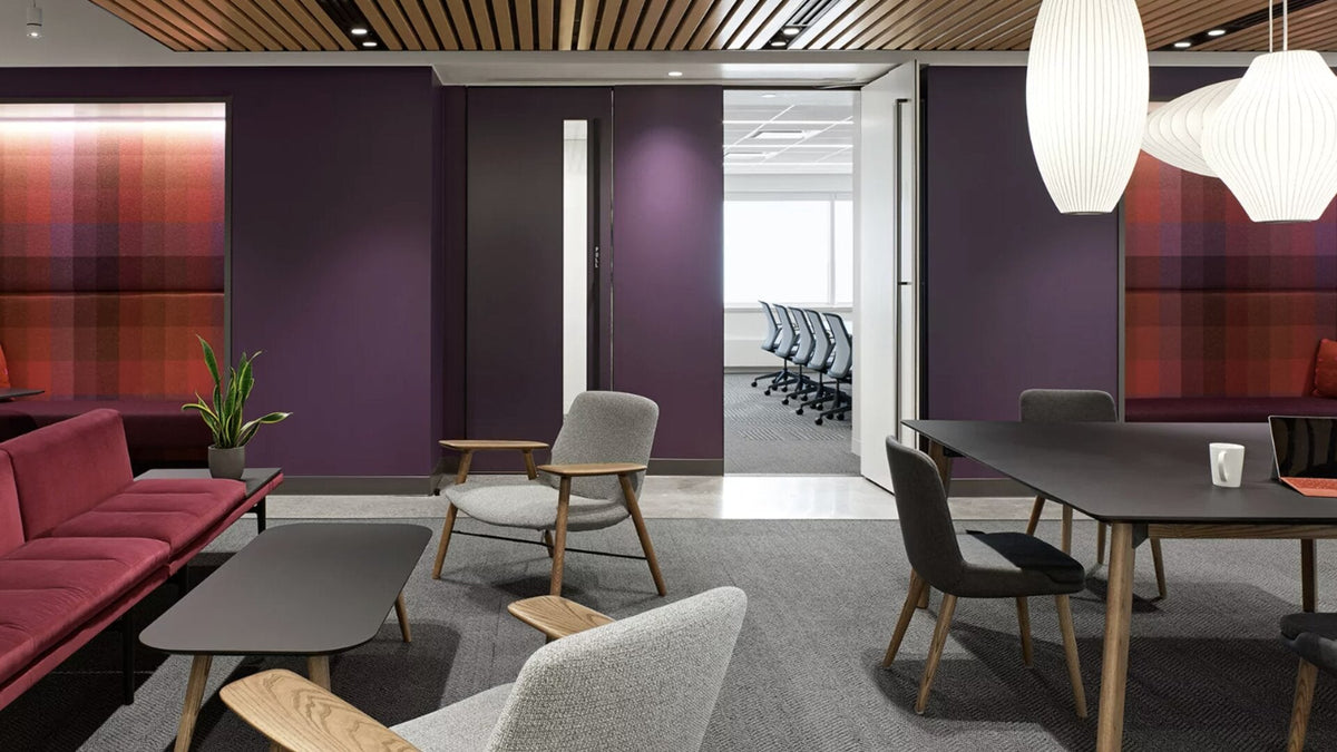 Modern office interior with flexible work zones and natural light