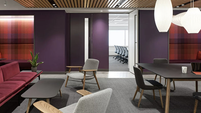 Modern office interior with flexible work zones and natural light