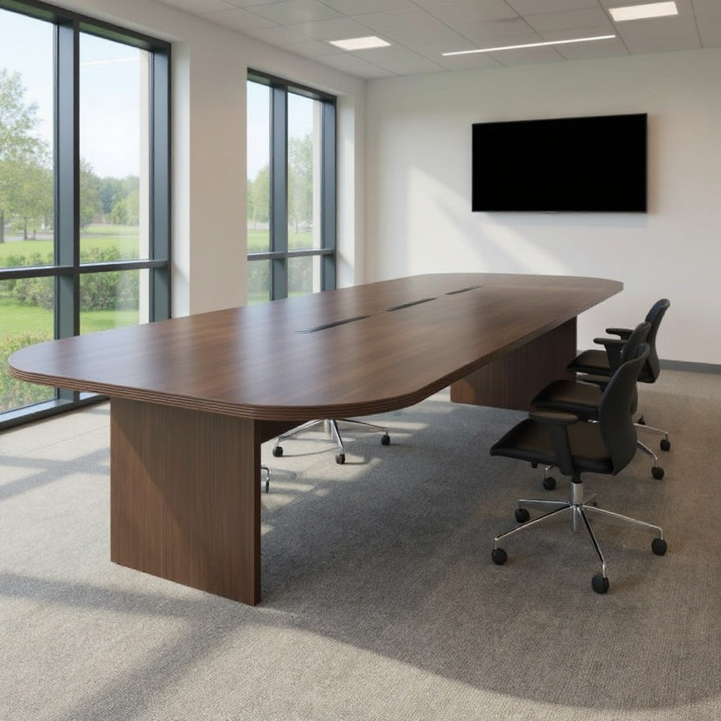 Boardroom with a large conference table and surrounding chairs