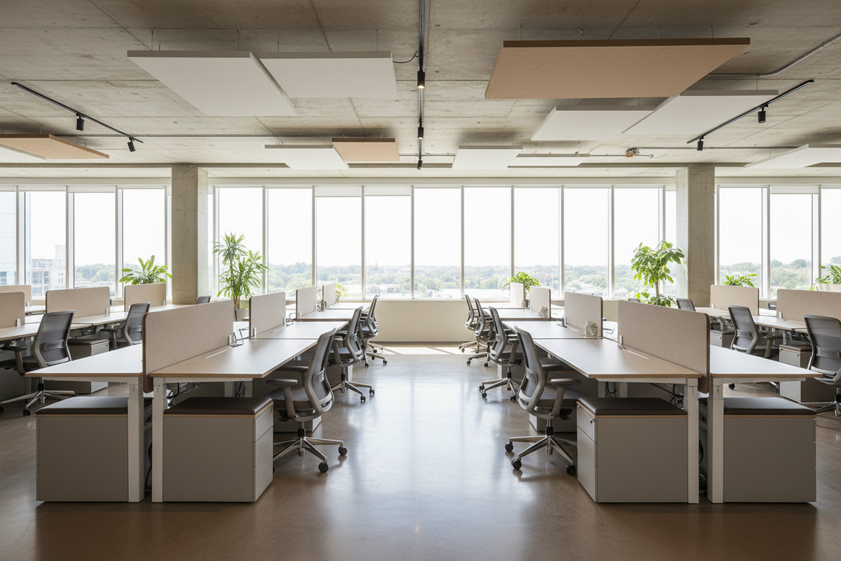 Open-plan commercial office with matching task chairs and desks installed in Ontario.
