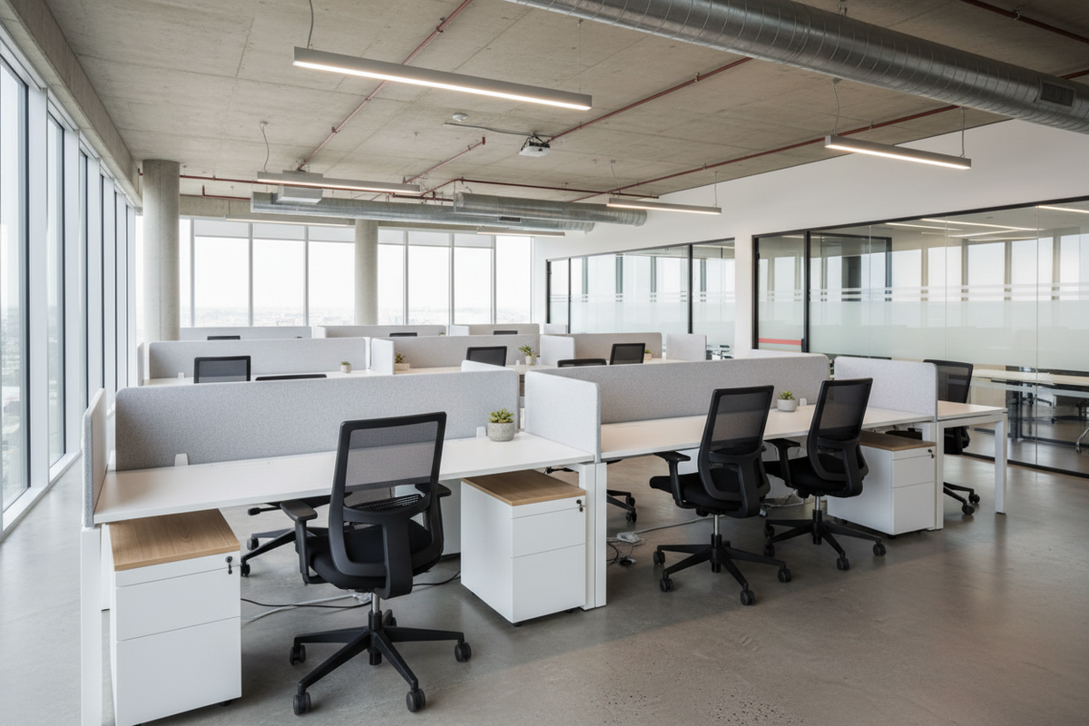 A modern open-concept corporate office with modular white panel desks, light grey privacy screens, and ergonomic mesh chairs under natural window light.
