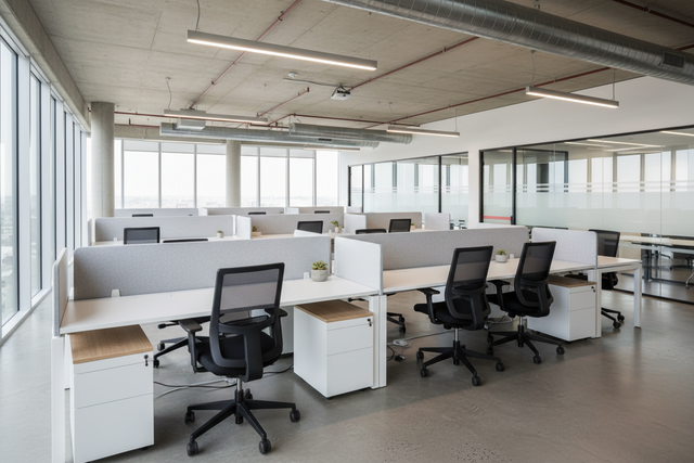 A modern open-concept corporate office with modular white panel desks, light grey privacy screens, and ergonomic mesh chairs under natural window light.