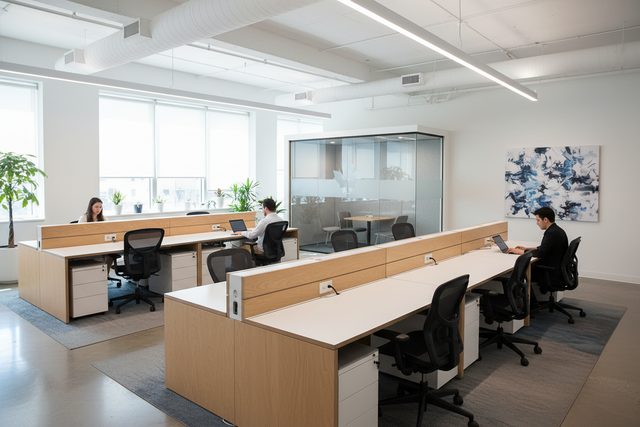 Modern, open-concept technology office in the Waterloo Region featuring sleek Canadian-made modular benching workstations, integrated wire management, and ergonomic office chairs.