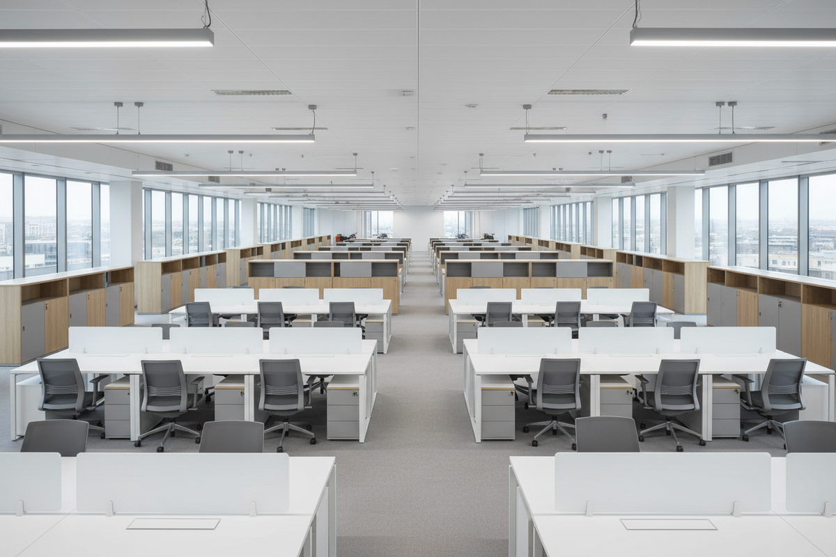 This visual anchors Global’s core strength: a uniform, scalable open-plan workspace featuring clean-lined desks, matching desk dividers, and unified storage across a massive floor plate.
