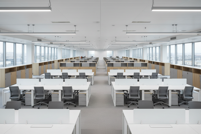 This visual anchors Global’s core strength: a uniform, scalable open-plan workspace featuring clean-lined desks, matching desk dividers, and unified storage across a massive floor plate.