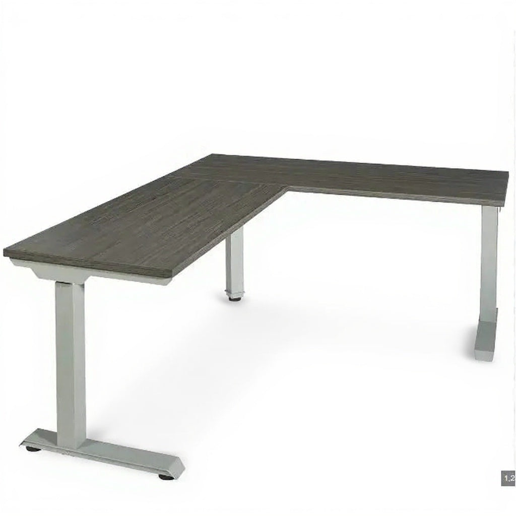 Height Adjustable L-Shape Table - Studio white background [AI office context]