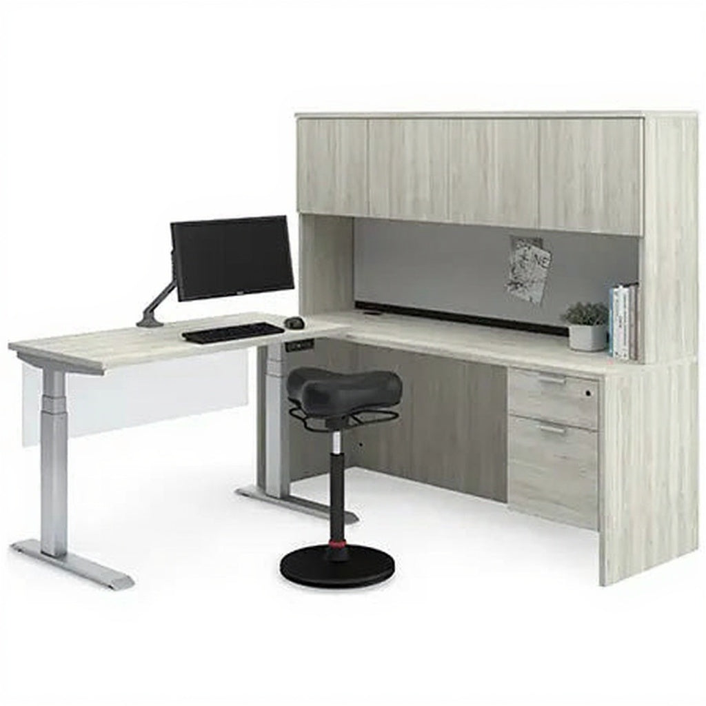 L-Shape Height Adjustable Desk Set - Studio white background [AI office context]