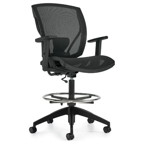 Global Ibex mesh-back drafting stool in black with chromed footrest — Brant Business Interiors