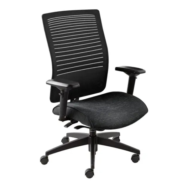 Global Loover medium back office task chair with black Vue mesh back and polished aluminum five-star base