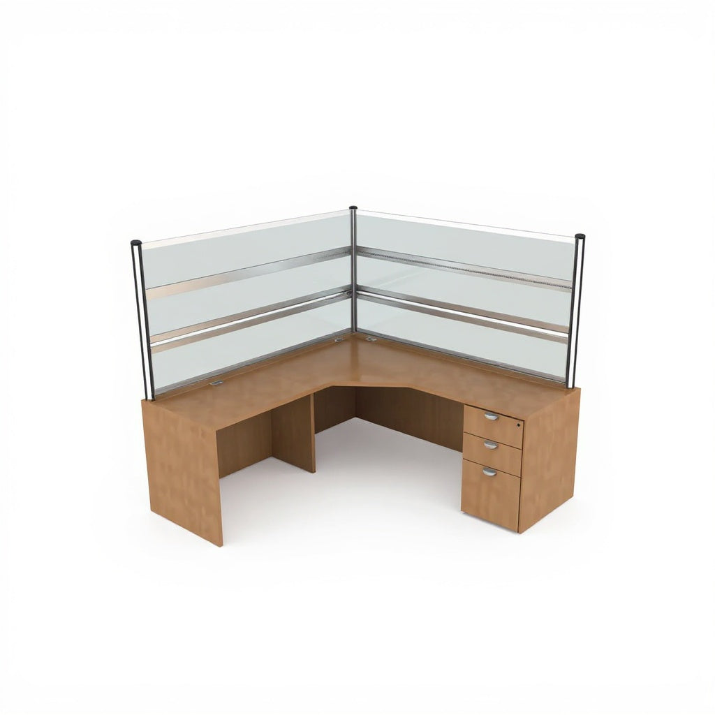 L-Shape Desk with 36"H Privacy Panel - Studio white background [AI office context]