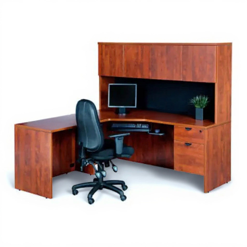 L-Shape Desk & Hutch - Studio white background [AI office context]