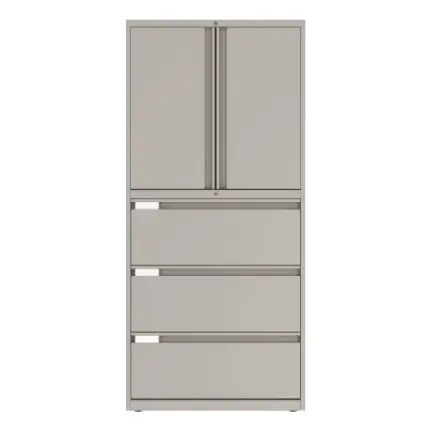 Global Prime combination storage cabinet with a hinged upper door over three lateral file drawers in a painted metal finish