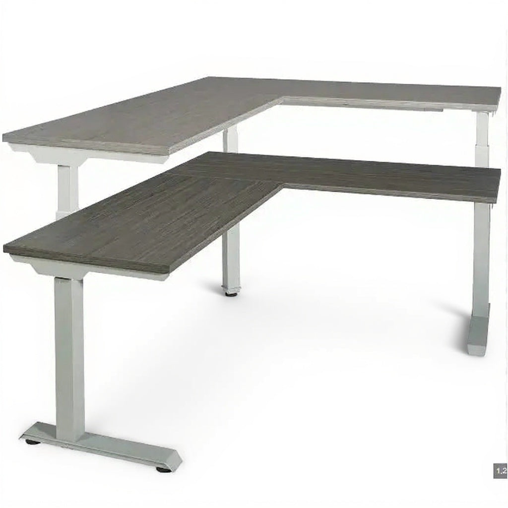 Premium Height Adjustable L-Shape Table - Studio white background [AI office context]