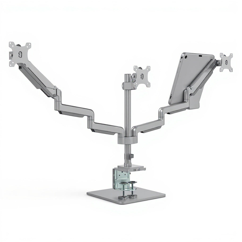 Triple Monitor and Ipad Holder - Studio white background [AI office context]