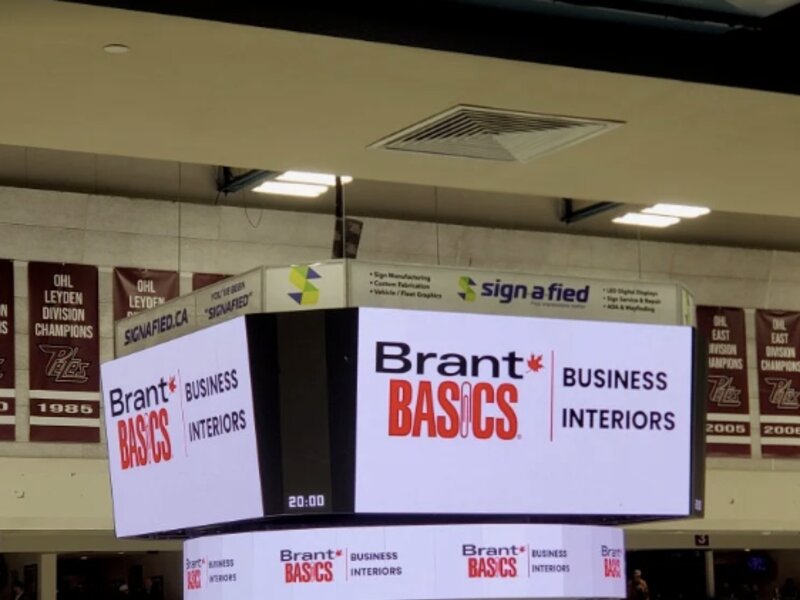 Brant Basics jumbotron sponsorship at OHL hockey arena