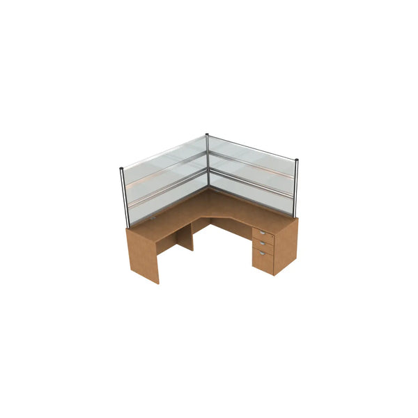 Global L-shaped laminate desk with a 36-inch privacy panel rising above the worksurface