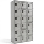 Lockerettes, 6 -tier, bank of 3, 36" x 18" x 72", steel, grey, rivet (assembled) — 36" x 18" x 72" - Studio white background [AI office context]