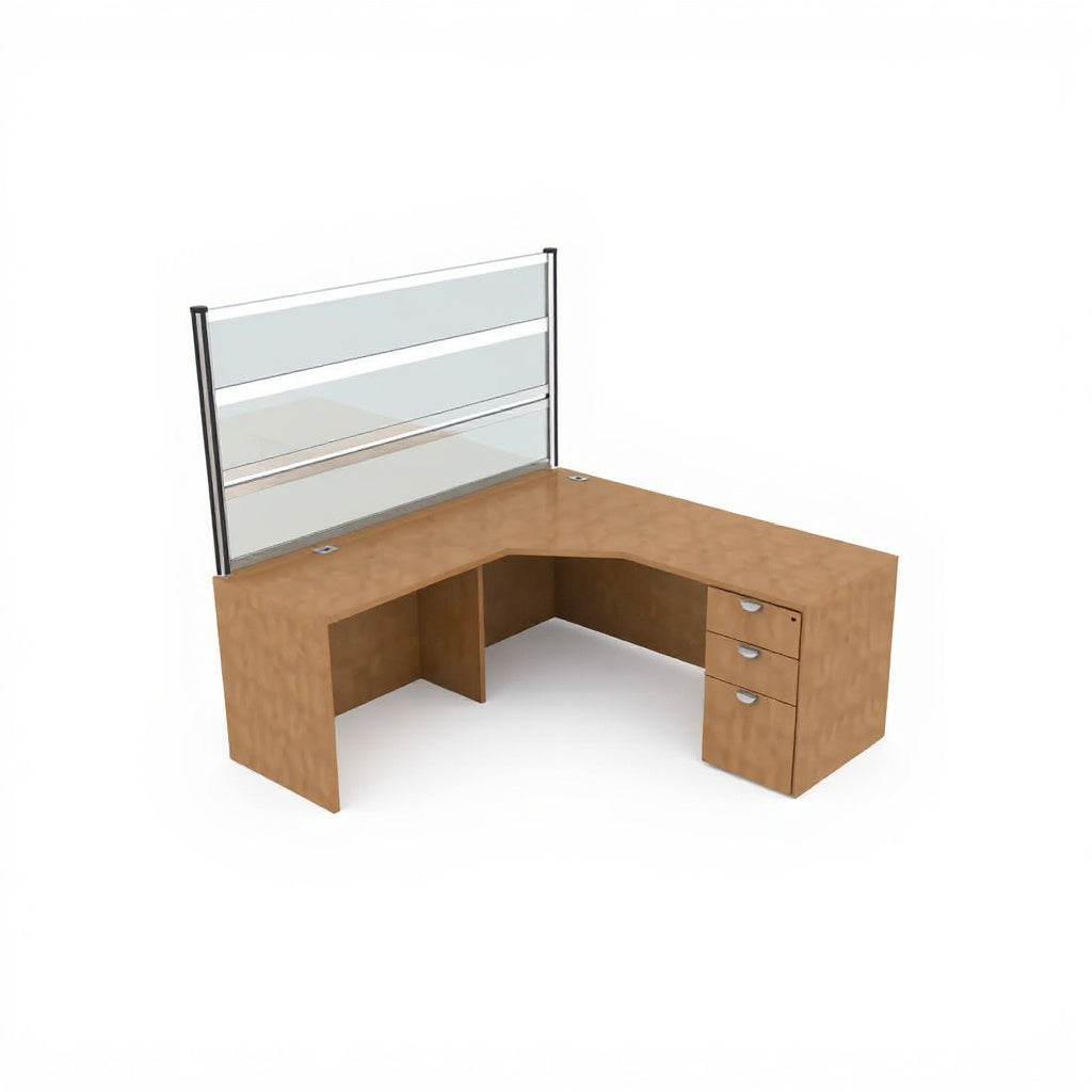 L-Shape Desk with 36"H Privacy Panel - Studio white background [AI office context]