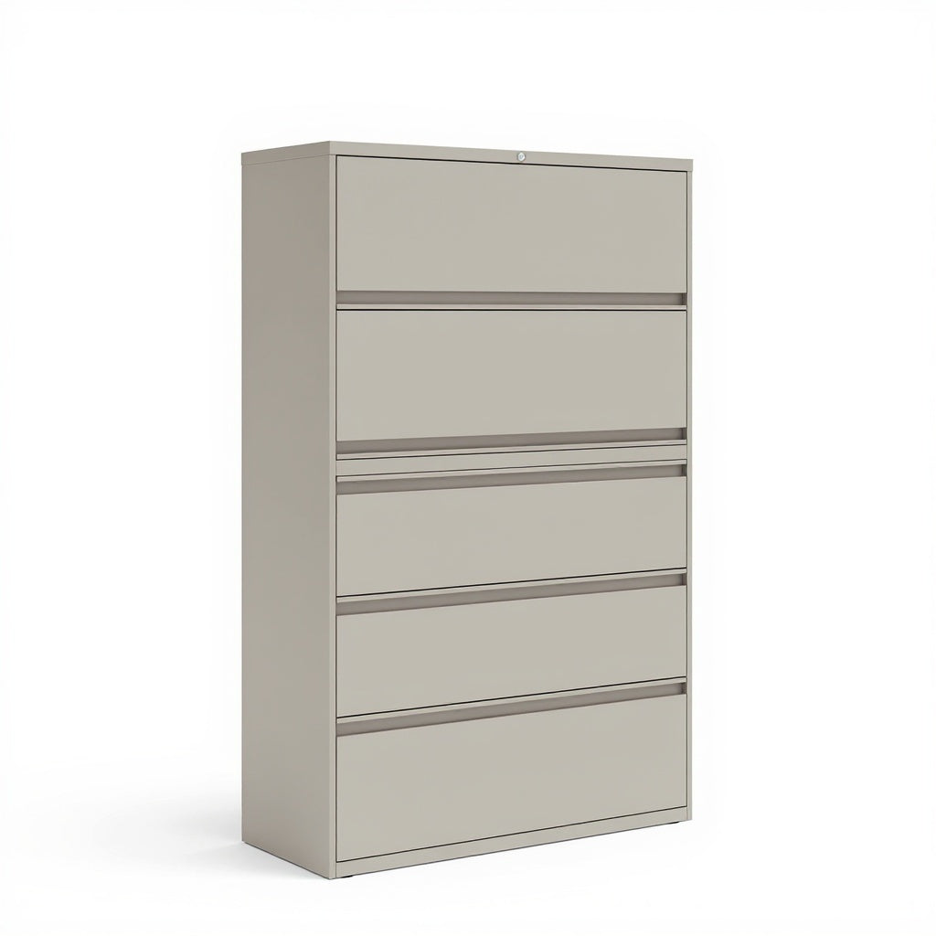 Lateral file (used) 5 drawer beige nevada — 5 drawer - Studio white background [AI office context]