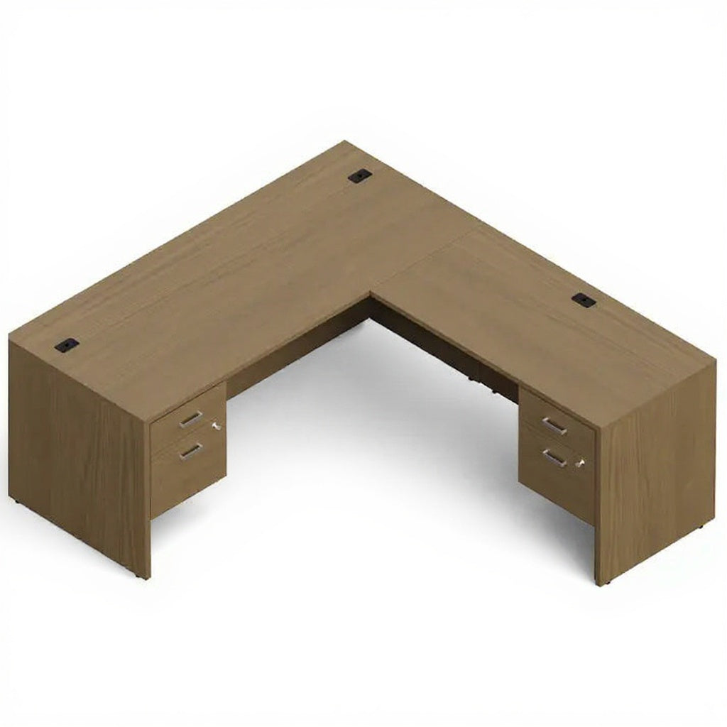"L" Shaped Desk with Double Pedestals - 72"W x 78"D - Studio white background [AI office context]