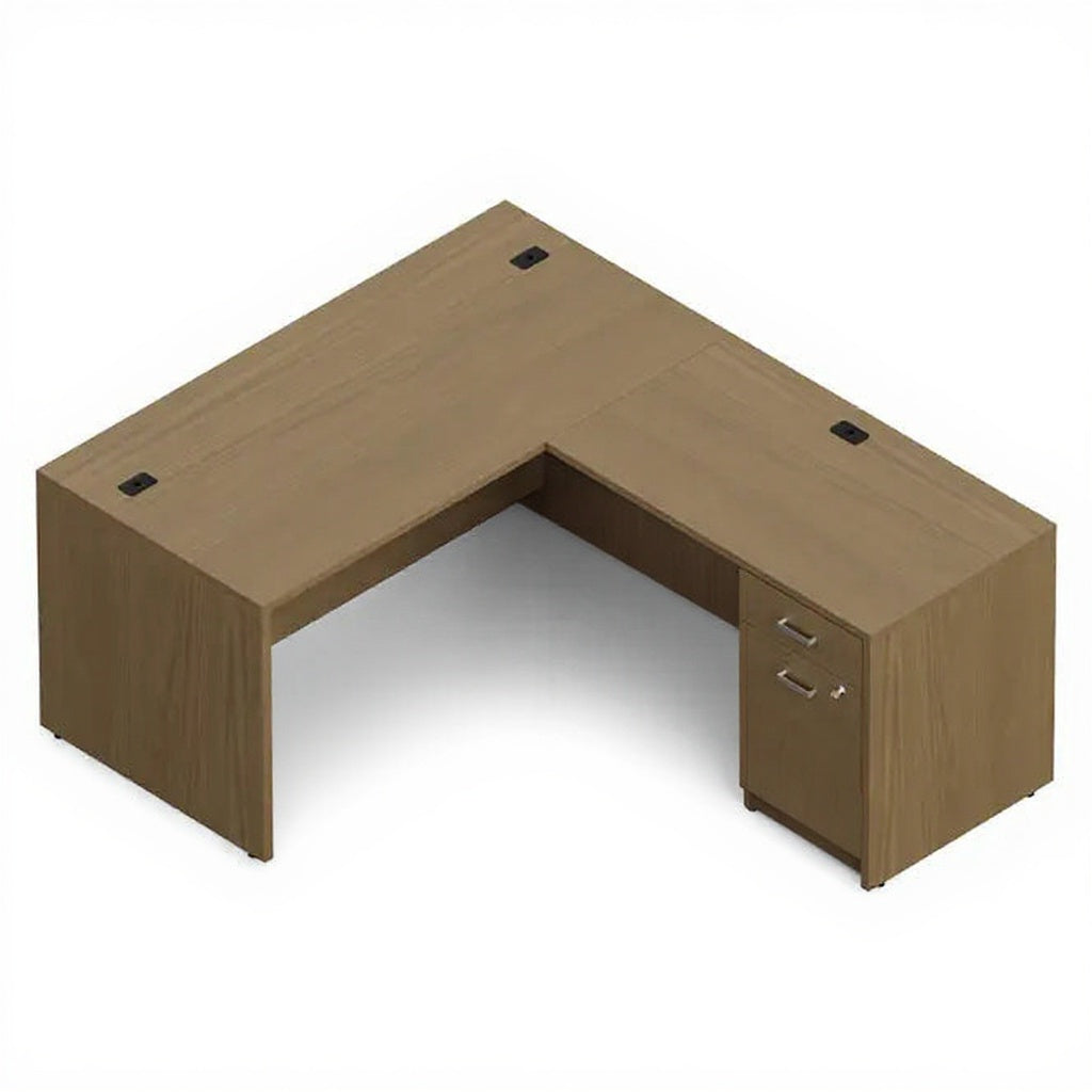 "L" Shaped Desk with Single Pedestal - 60"W x 72"D - Studio white background [AI office context]